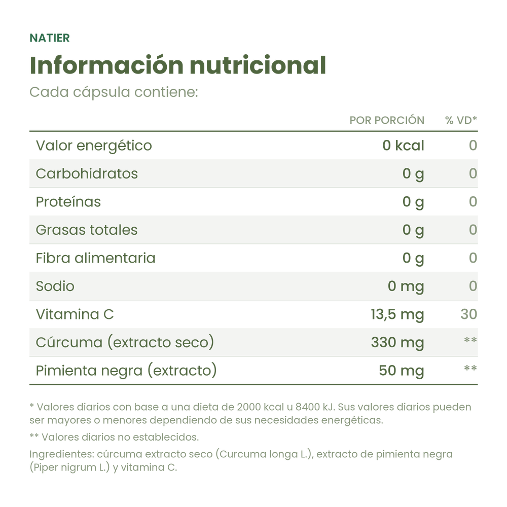 Información nutricional de Cúrcuma + Pimienta Negra Natier x 50 cápsulas