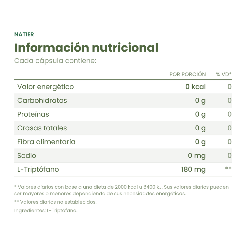 Información nutricional de las Cápsulas de Triptófano Natier x 50