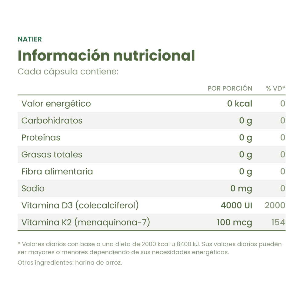 Información nutricional de la Vitamina K2 + D3 Natier x 50 cápsulas
