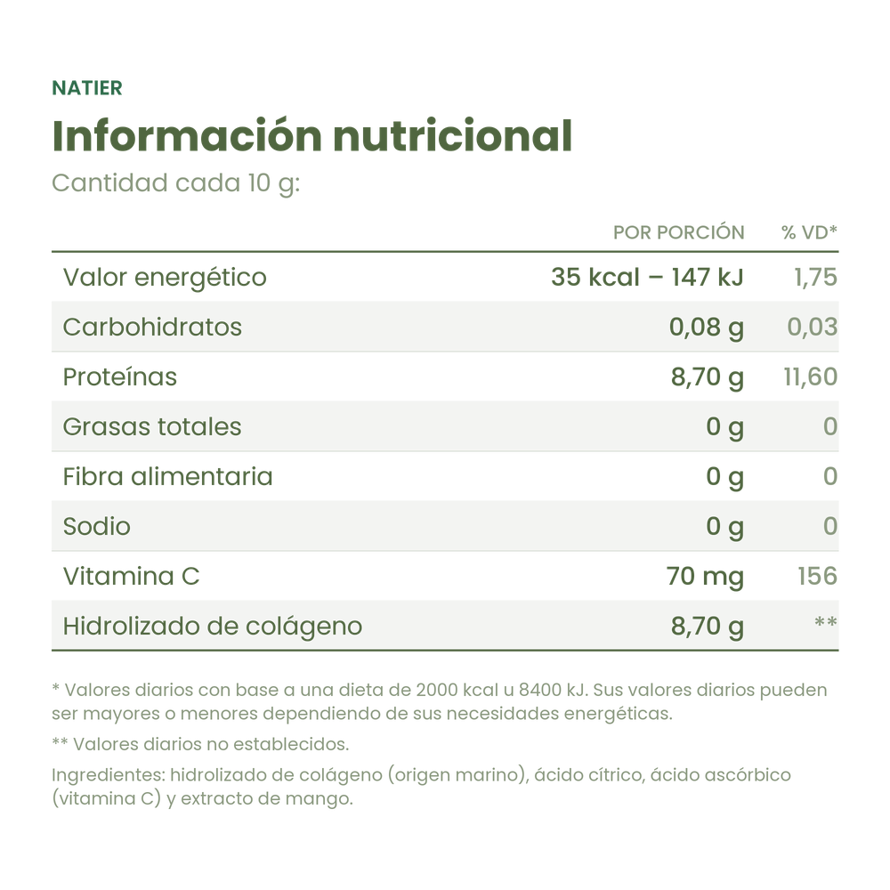 Información nutricional de los Péptidos de Colágeno Hidrolizado Marino Natier x 250 g
