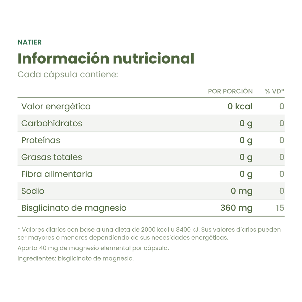 Información nutricional del Magnesio Bisglicinato Natier x 50 cápsulas